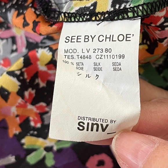 See by Chloe Multi Floral 100% Silk Dress Flutter Sleeve Vibrant Cottagecore US8 - Picture 10 of 14